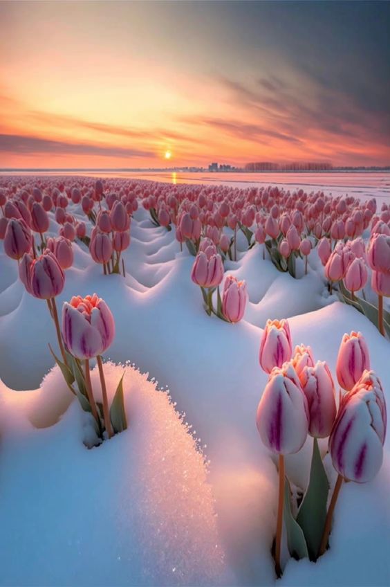 In a winter wonderland, the boundless tulip garden lies peacefully immersed in a serene sea of snow.vouyen