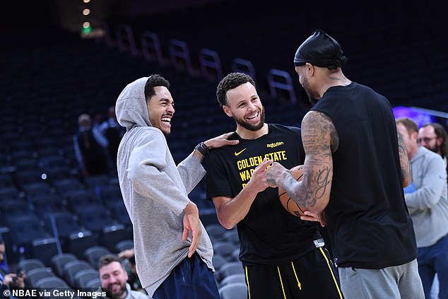 Wizards SG Jordan Poole (L) embraced his former teammates before playing the Warriors