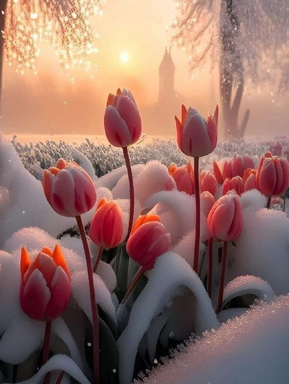 In a winter wonderland, the boundless tulip garden lies peacefully immersed in a serene sea of snow.vouyen