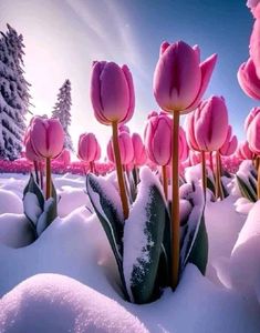 In a winter wonderland, the boundless tulip garden lies peacefully immersed in a serene sea of snow.vouyen