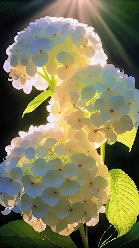 Bathed in the golden embrace of sunlight, hydrangeas unveil their alluring and iridescent charm, showcasing a mesmerizing array of colors that captivate the senses.vouyen